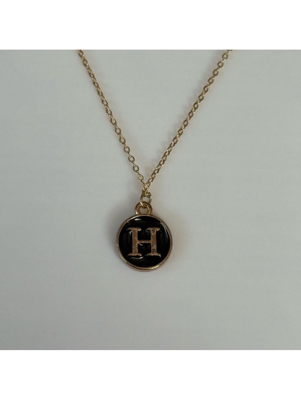 Gold Tone Initial H Pendant Necklace Black Enamel Monogram Charm 18"